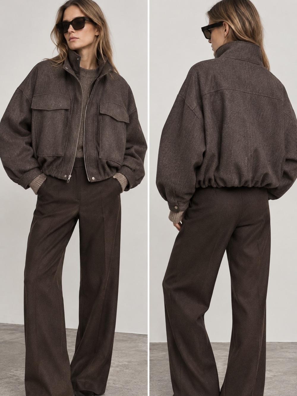 Zara NWT Herringbone Balloon Bomber Jacket Brown XS 9385/744/700